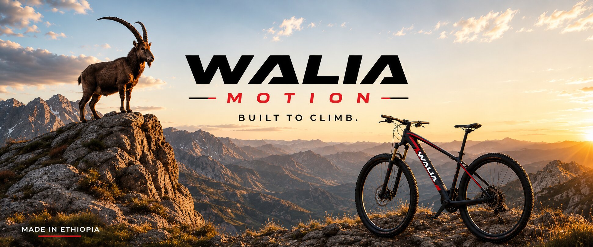 A walia ibex on a rocky ridge above the Ethiopian highlands, with a Walia Motion bicycle at sunset