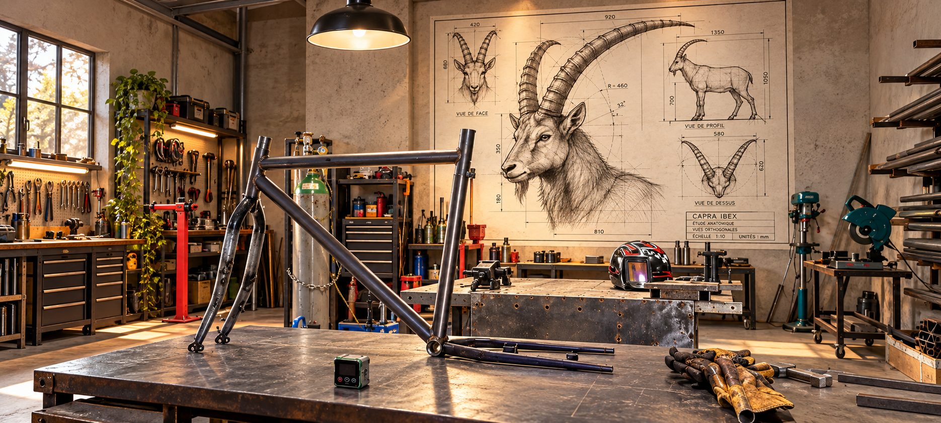 A raw steel bicycle frame on a workbench in the workshop, with an anatomical drawing of a walia ibex on the wall behind it